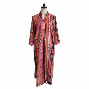 NWT VILAGALLO Maxi Shirt Dress Orange Tribal Navajo Pink Stripe Print Button 8